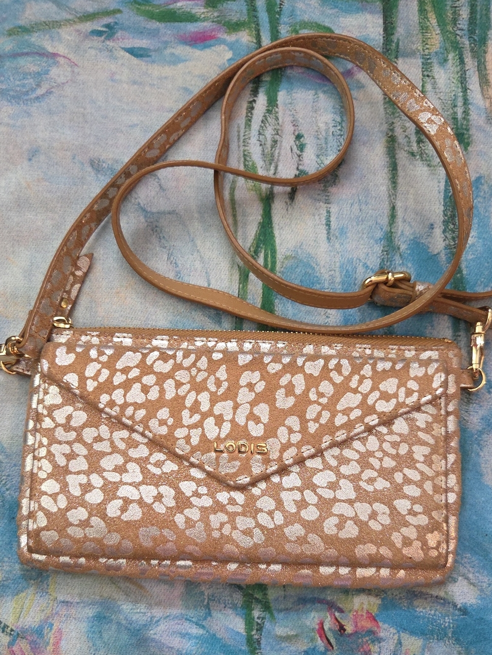 Lodis Women's Tan Metallic Leopard Print Envelope Crossbody Wallet